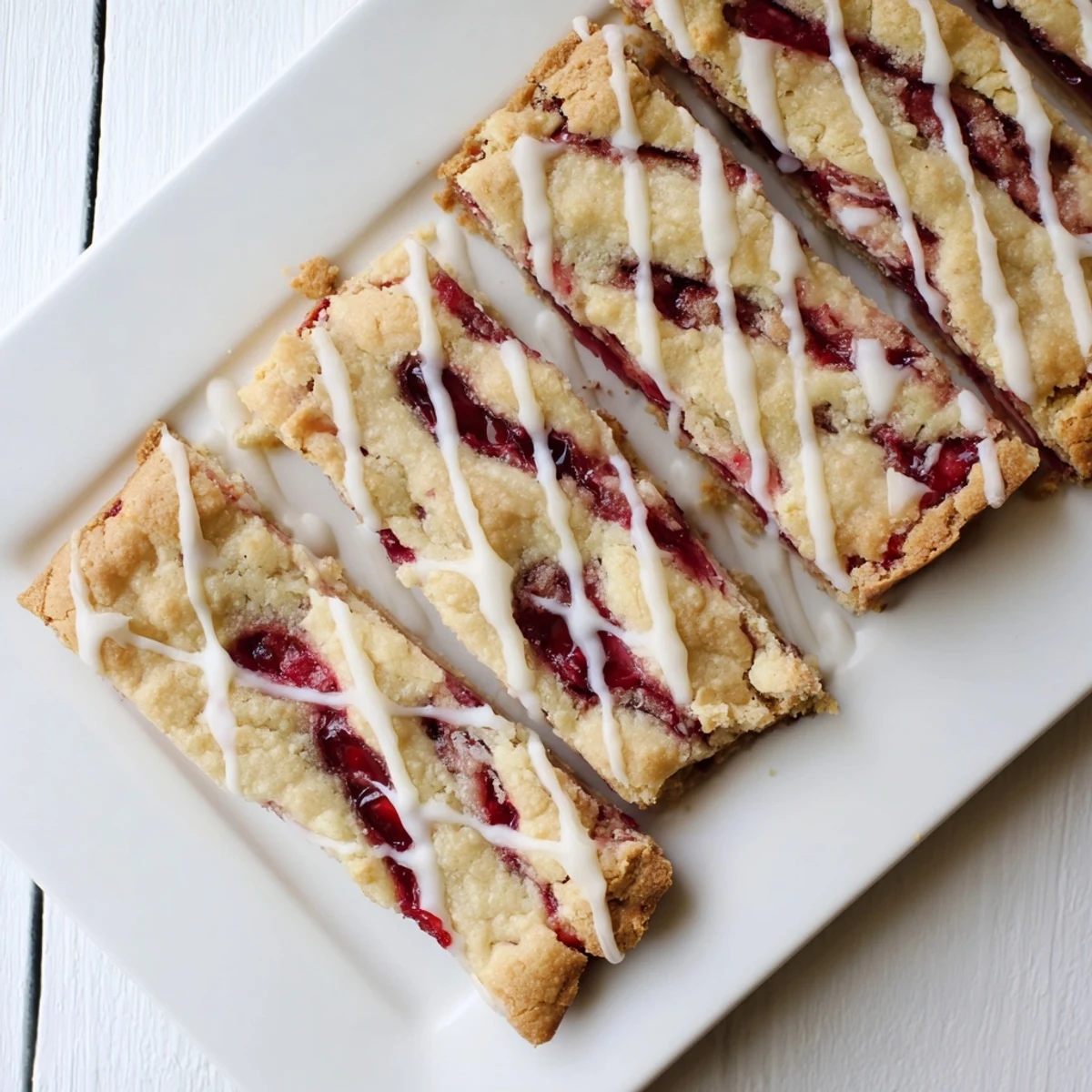 A close-up of Easy Cherry Pie Bars with a glossy vanilla glaze drizzled over the golden crust.