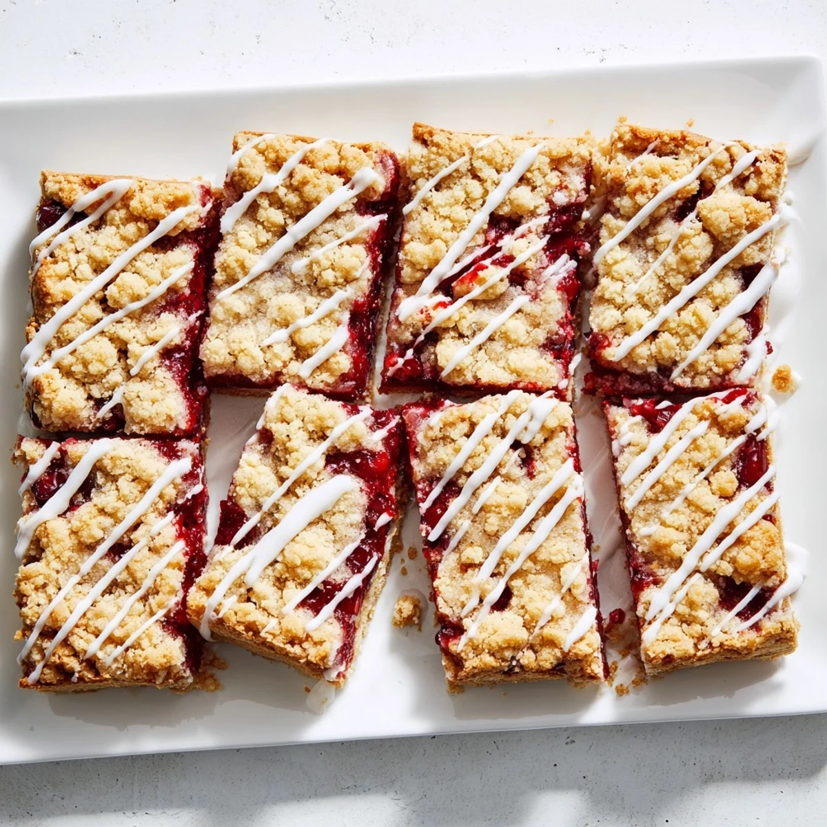 Freshly baked Easy Cherry Pie Bars on a wooden board, with bright red cherry filling oozing from the edges.
