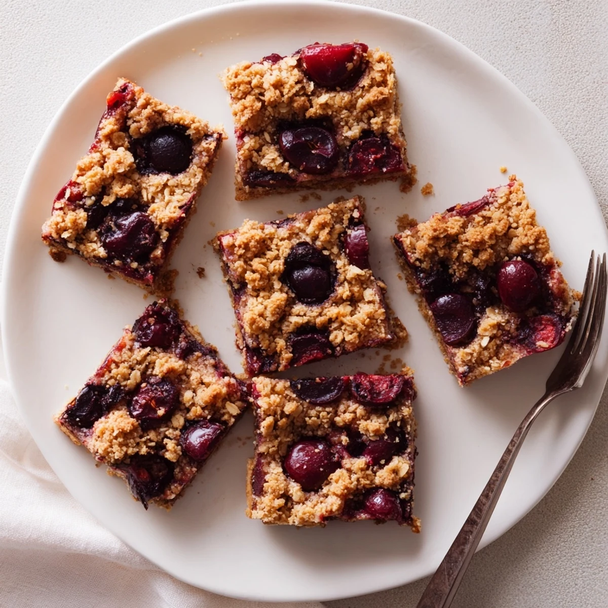 A freshly baked Easy Tasty Cherry Crumble Bars on a rustic wooden board, ready to serve with a scoop of vanilla ice cream.