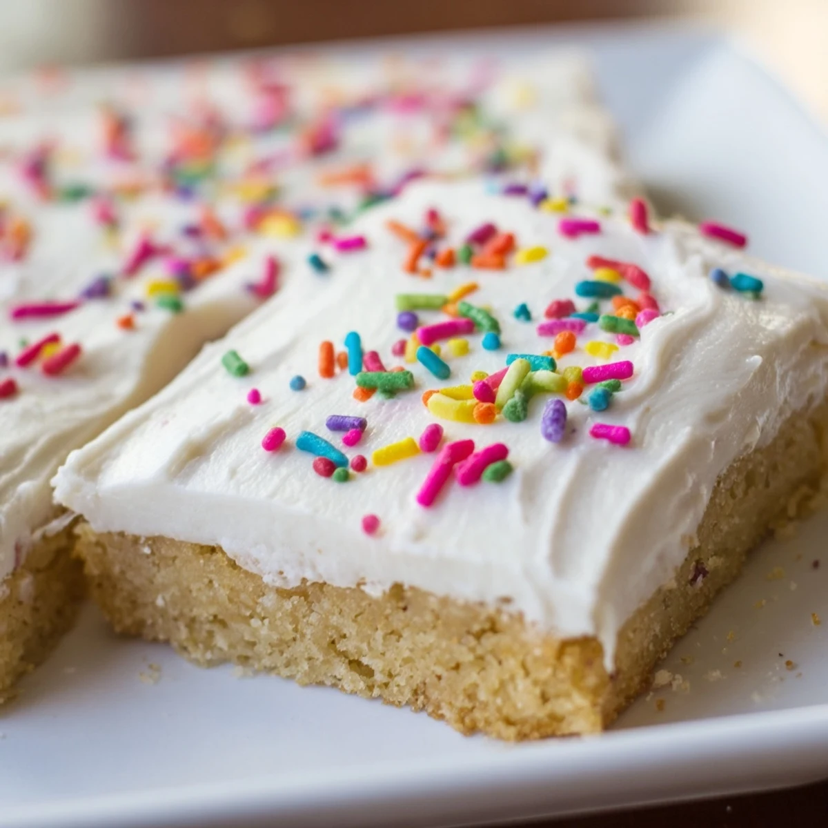 Warm, soft Sugar Cookie Bars from a 9x13 pan, topped with fluffy pink frosting, served for a festive party dessert.