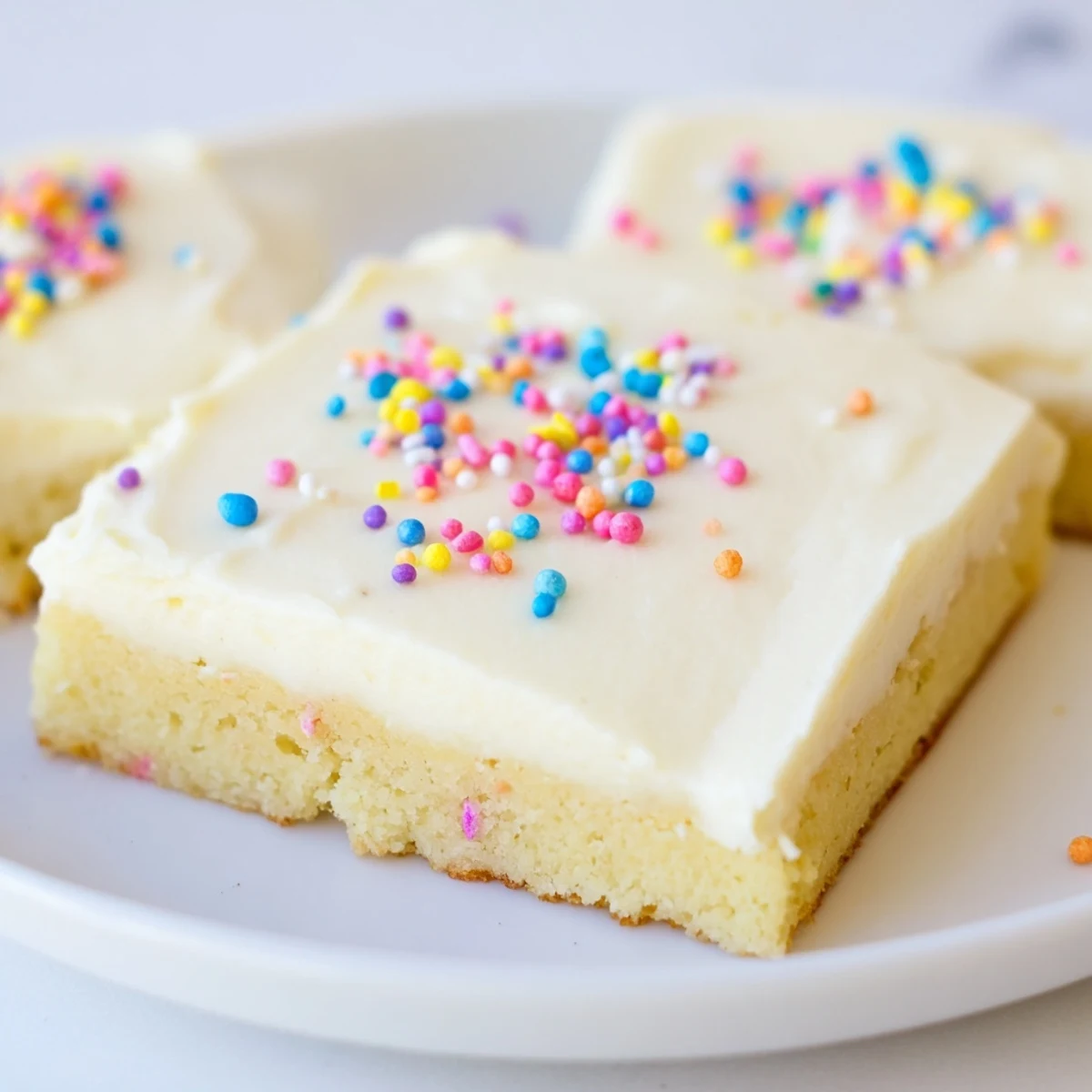 Golden-edged Sugar Cookie Bars with buttery texture and smooth frosting, perfect for a sweet afternoon treat or celebration snack.