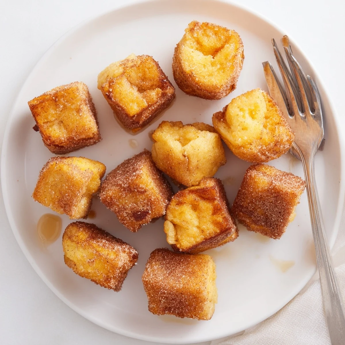 Warm golden-brown Cinnamon Sugar French Toast Muffins rest on a plate with a drizzle of maple syrup.