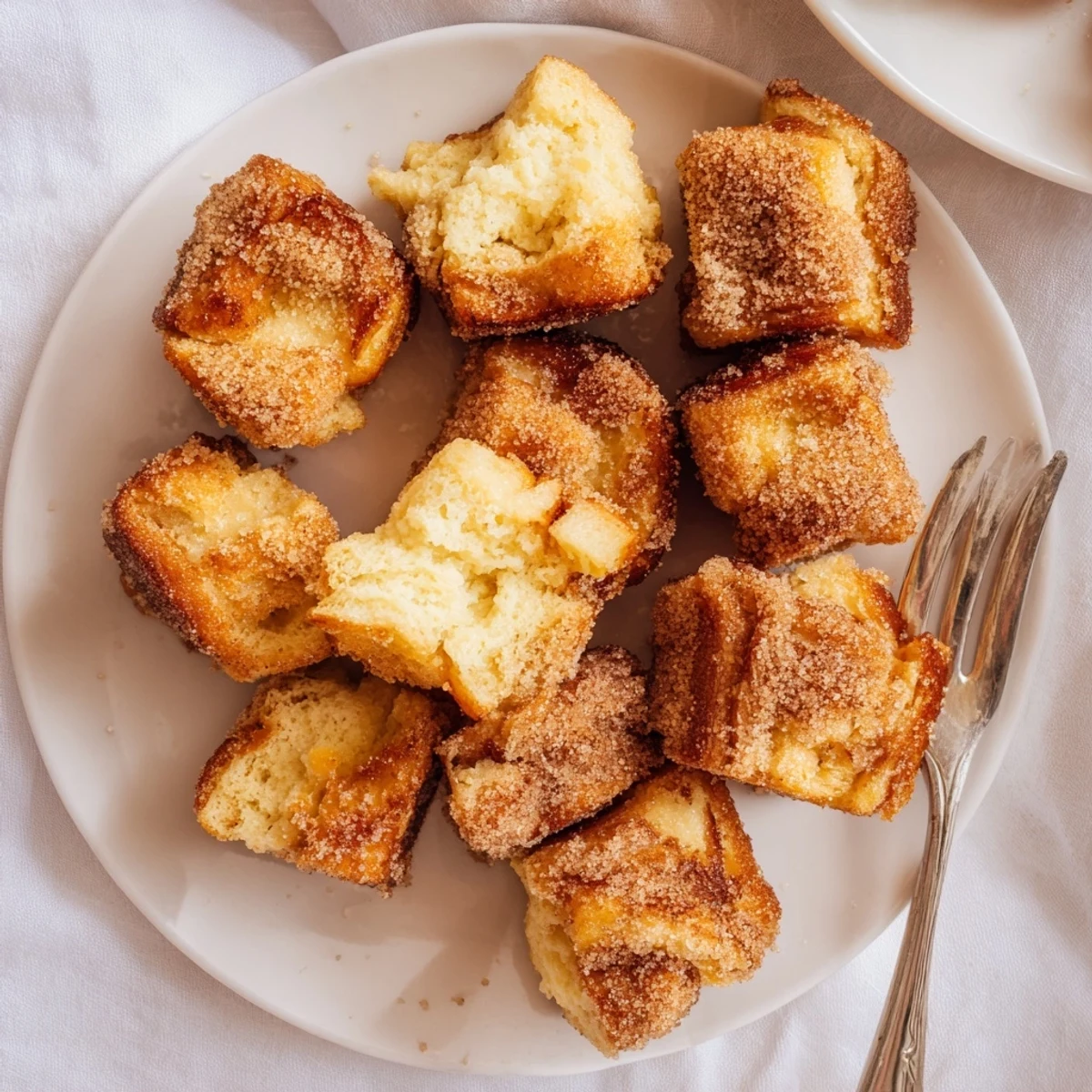 A close-up of Cinnamon Sugar French Toast Muffins coated in sparkling cinnamon sugar on a rustic wooden table.