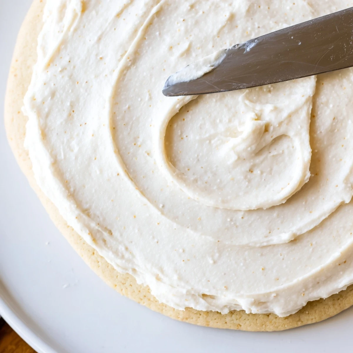 Creamy Easy Sugar Cookie Frosting spreading smoothly over a stack of decorated sugar cookies on a white plate.