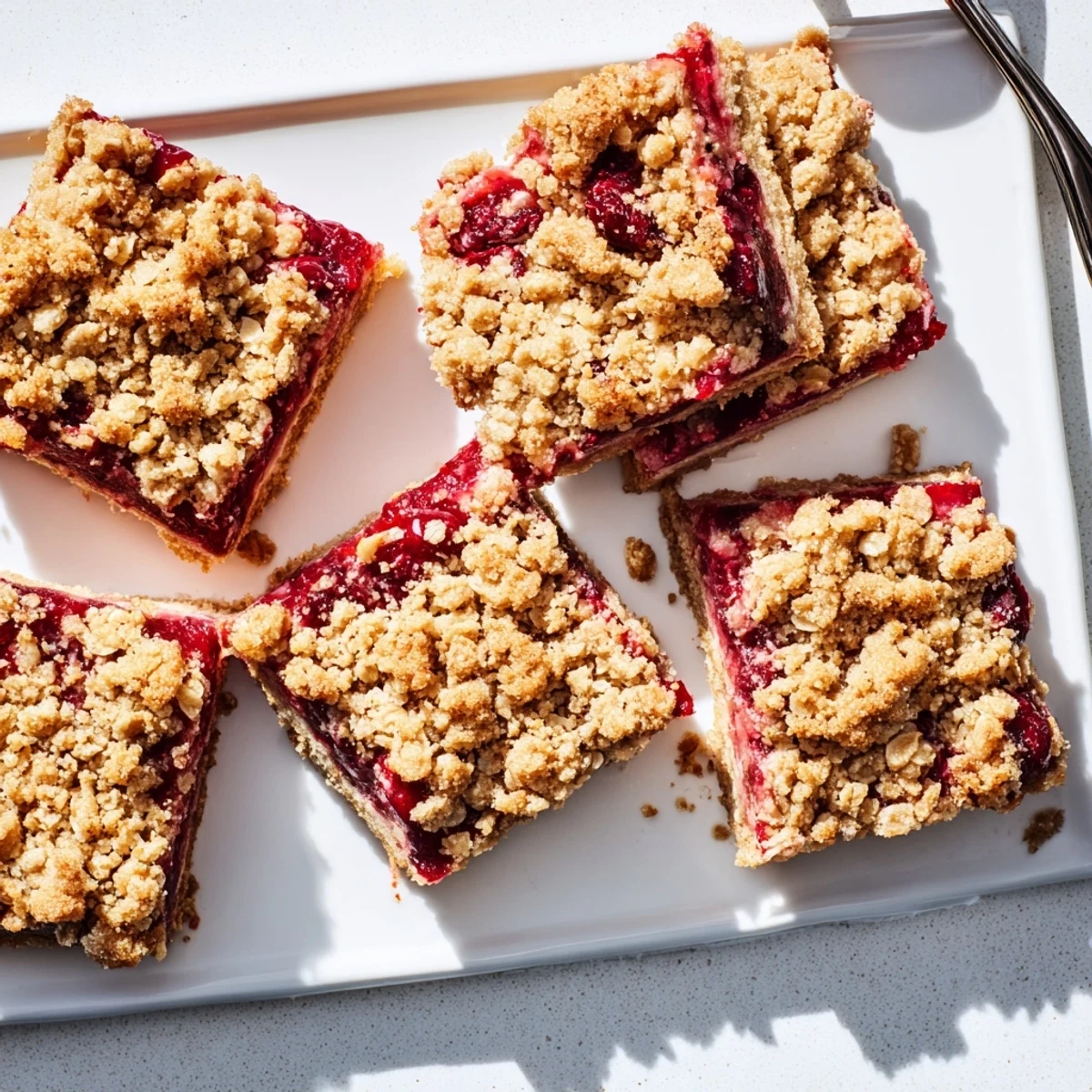 Warm golden Cherry Crumble Bars with a bubbling red fruit filling and a crumbly oat-like topping.