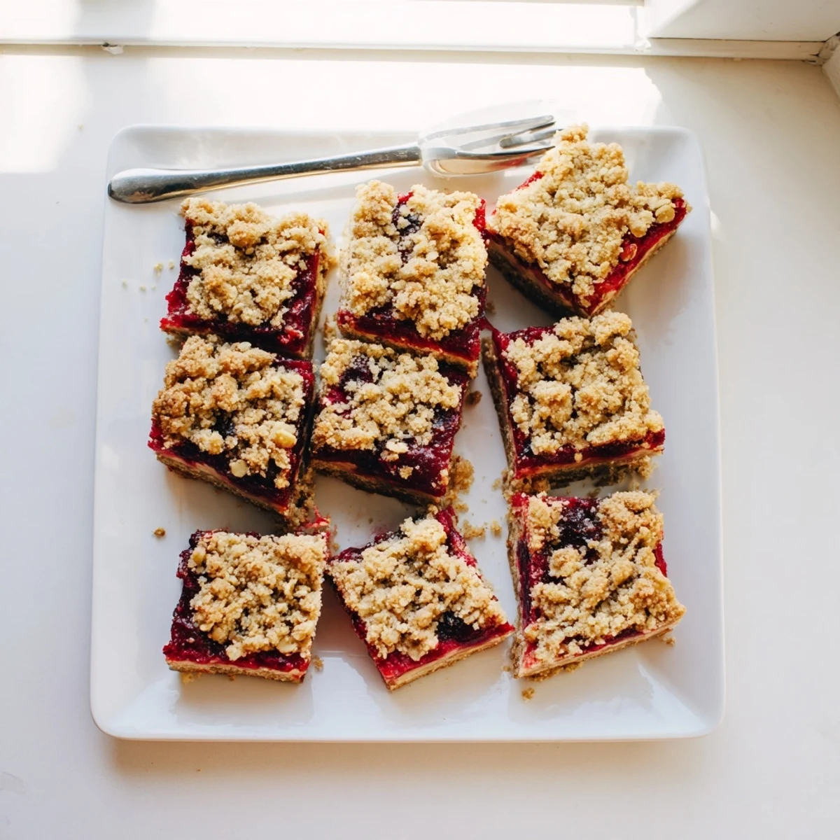 A close-up slice of Cherry Crumble Bars showing juicy cherries beneath a buttery, crisp crumble crust.