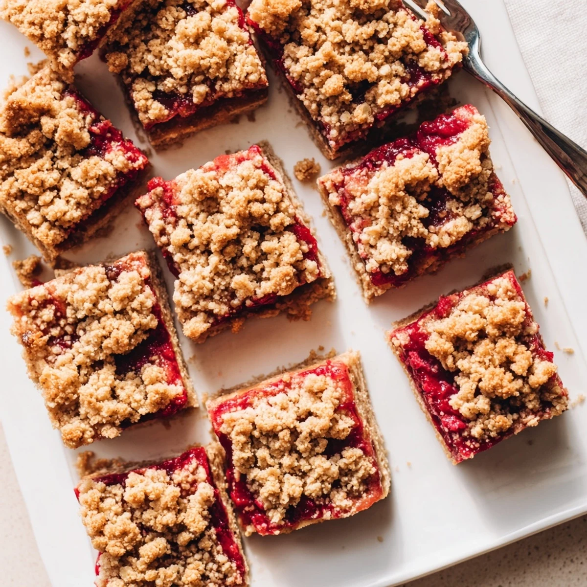 Freshly baked Cherry Crumble Bars served warm with vanilla ice cream melting into the sweet filling.