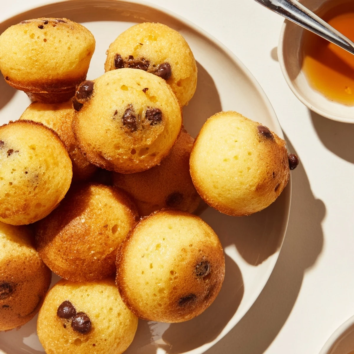 Plate of warm, bite-sized Pancake Poppers served with a glass of milk for a sweet snack.