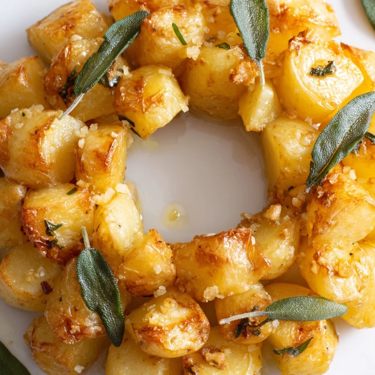 A stunning Garlic Roast Potato and Sage Wreath centerpiece garnished with fresh sage, perfect for holiday dinners.
