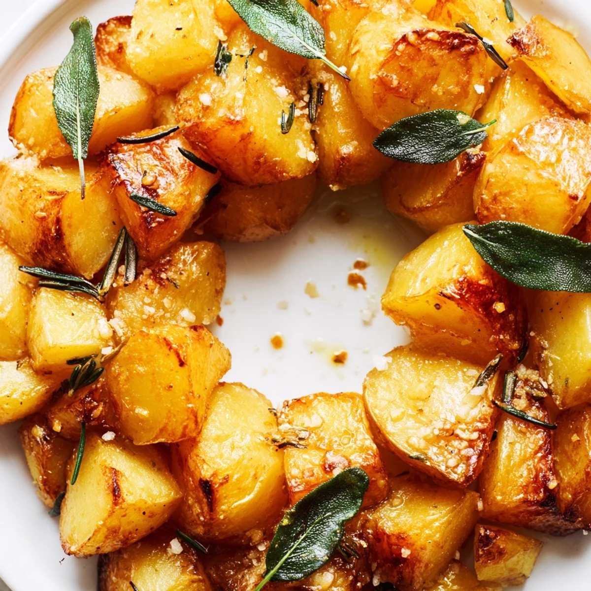 Garlic Roast Potato and Sage Wreath hot from the oven, showing golden edges and fragrant chopped sage seasoning.