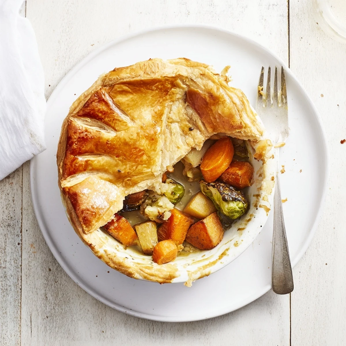 Golden puff pastry covers a warm Leftover Roast Vegetable Pie filled with carrots, parsnips, and herbs on a rustic table.  