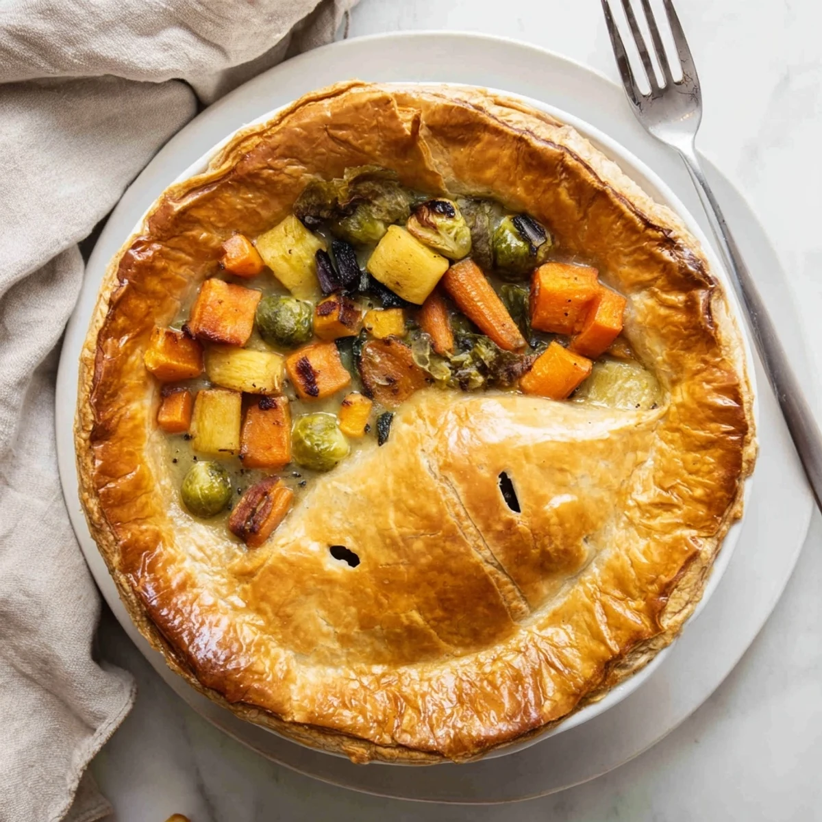 Sliced piece of Leftover Roast Vegetable Pie revealing creamy vegetable filling with steam rising from the flaky crust.