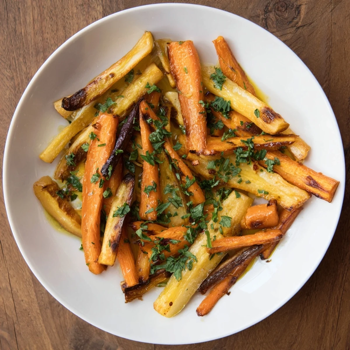 Roasted Tarragon and Honey Parsnips and Carrots glazed and caramelized on a baking sheet with fresh herbs.