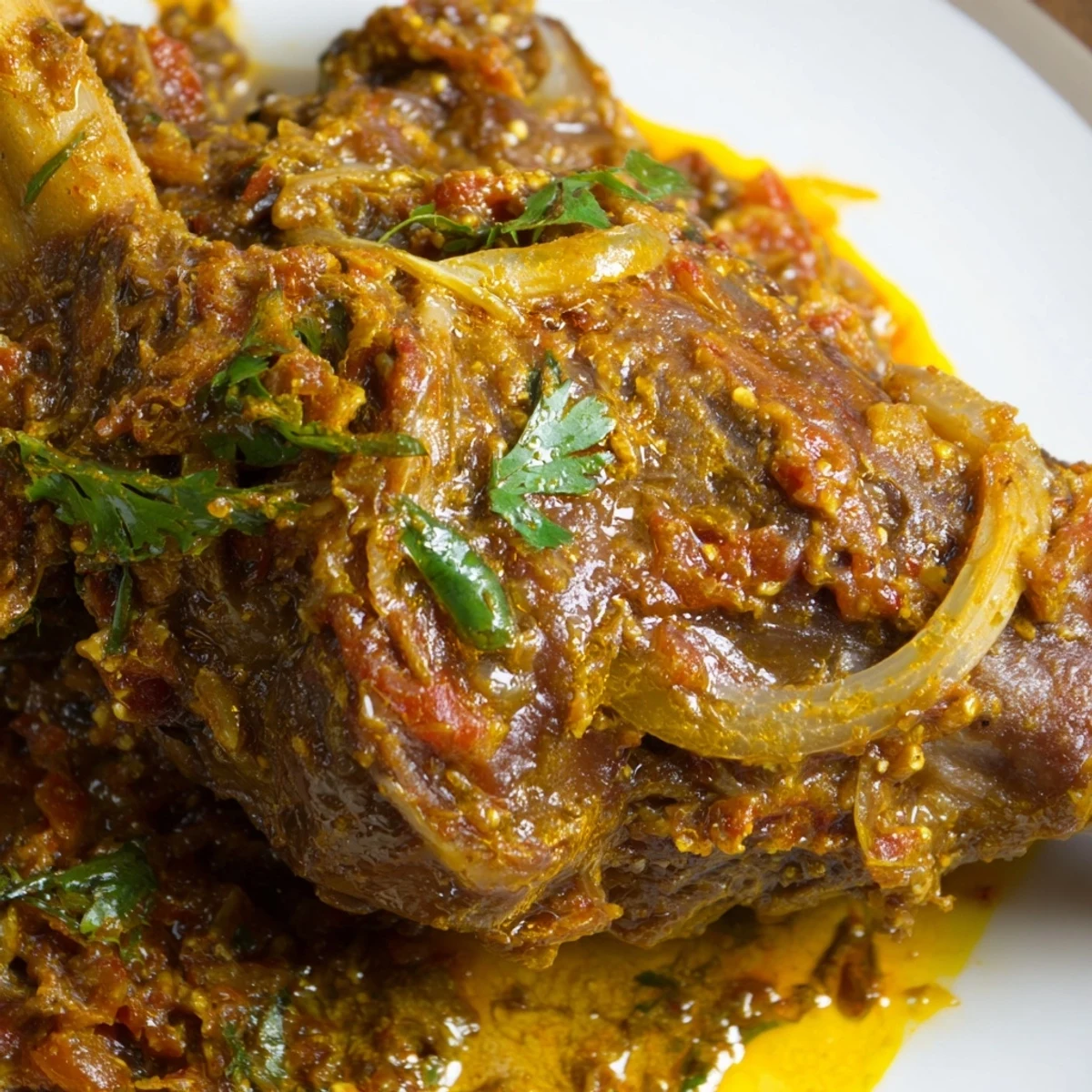 Tender Sri Lankan Lamb Shank Curry served with steamed rice and fresh coriander garnish on a rustic table.