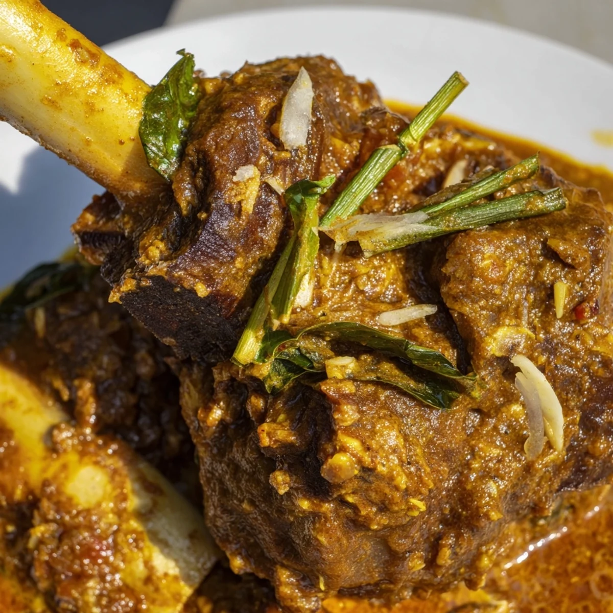 Golden-brown lamb shanks simmer in a fragrant Sri Lankan Lamb Shank Curry with coconut milk and spices.