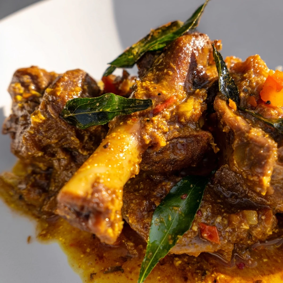 Rich and aromatic Sri Lankan Lamb Shank Curry in a heavy pot, highlighting the thick, spiced sauce.
