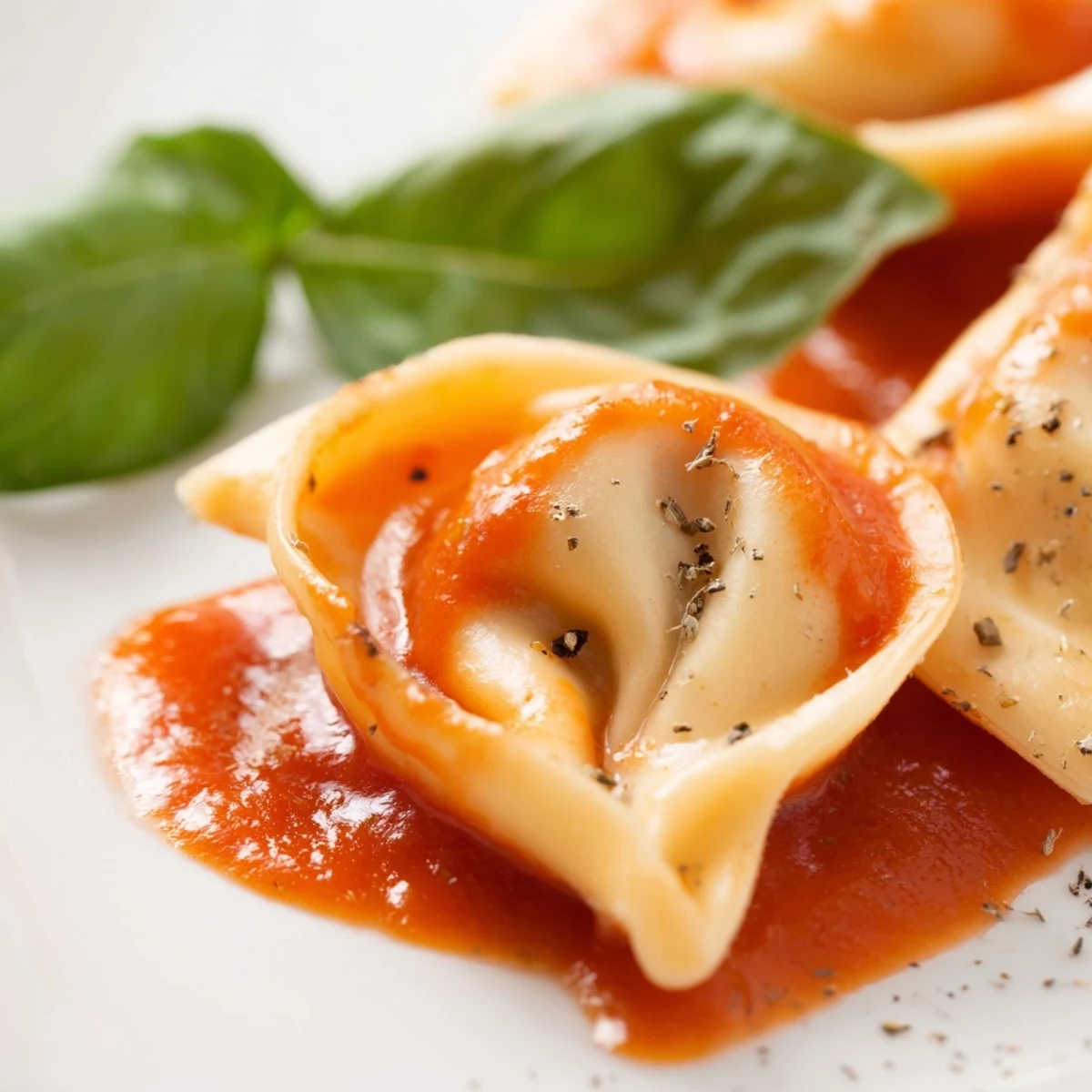 Golden Mozzarella Tortellini glistens in a light tomato sauce, garnished with fresh basil and Parmesan in a rustic white bowl.