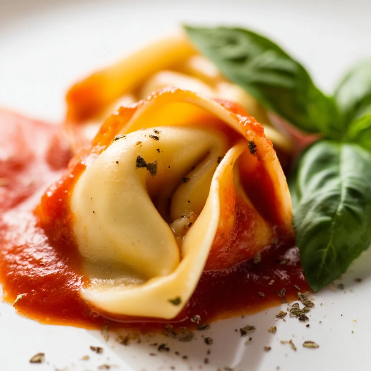 A close-up of cheesy Mozzarella Tortellini nestled in rich marinara, steam rising, with a fork ready to serve alongside garlic bread.