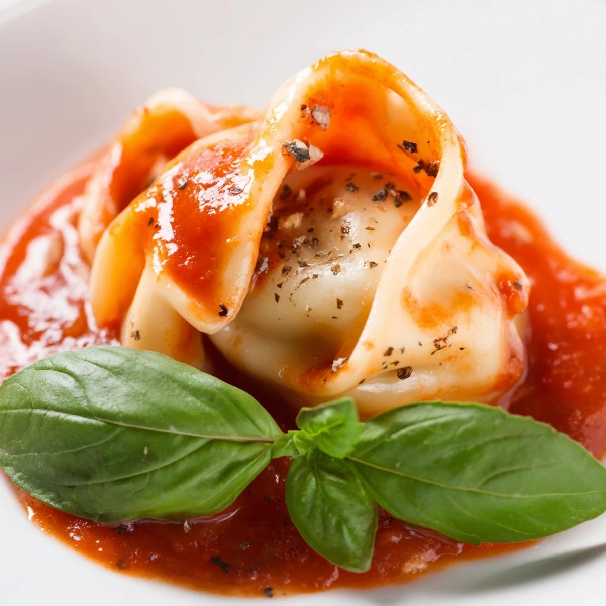 Freshly cooked Mozzarella Tortellini in a bright tomato sauce, topped with torn basil leaves on a sunlit kitchen counter.
