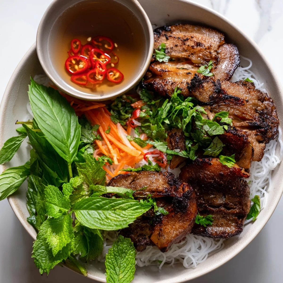 Bun Cha Hanoi displayed with grilled pork patties and fresh herbs alongside rice noodles