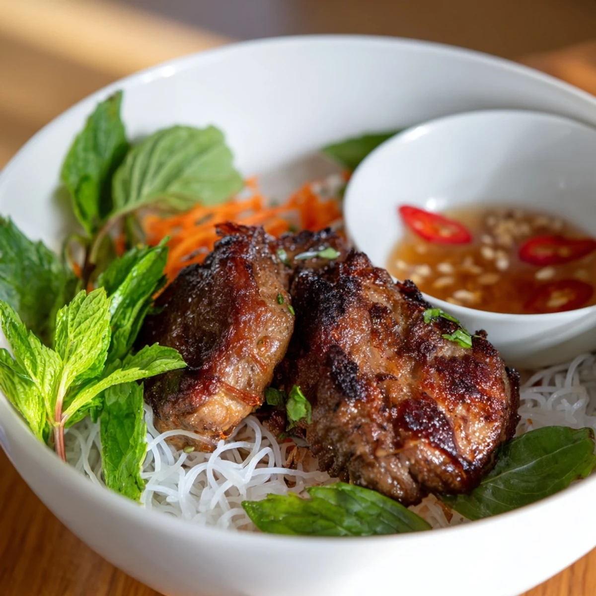 A steaming plate of Bun Cha Hanoi featuring caramelized pork and crisp lettuce for an appetizing meal