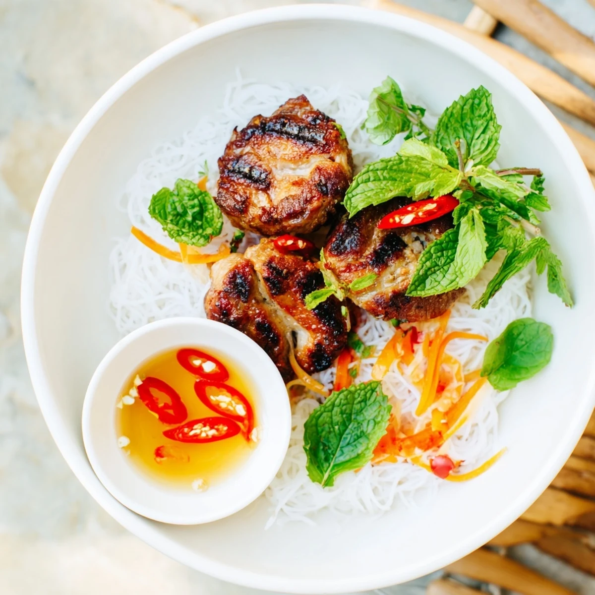 Bun Cha Hanoi presented with sliced pork belly, herbs, and dipping sauce on a rustic table