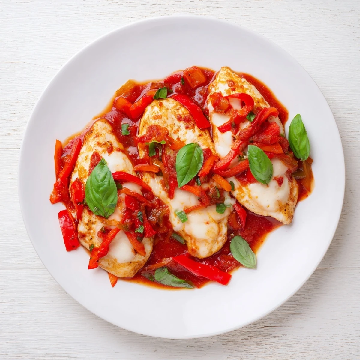 Sizzling chicken breasts in tomato herb sauce, finished with melted mozzarella and fresh basil for Italian Style Chicken.