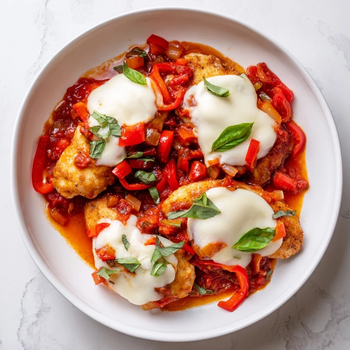 Ready-to-serve Italian Style Chicken plated with fresh basil garnish, beside garlic bread and a glass of red wine.