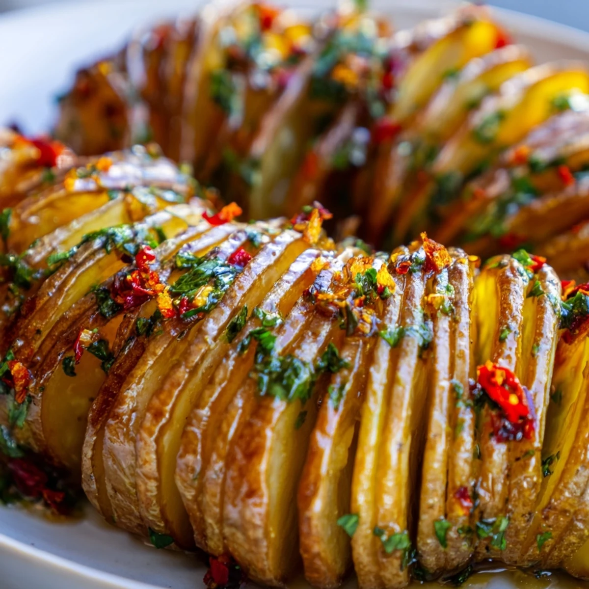Golden roasted Roast Herb Chilli and Orange Butter Hasselback Potatoes with crispy edges and melted citrus herb butter.