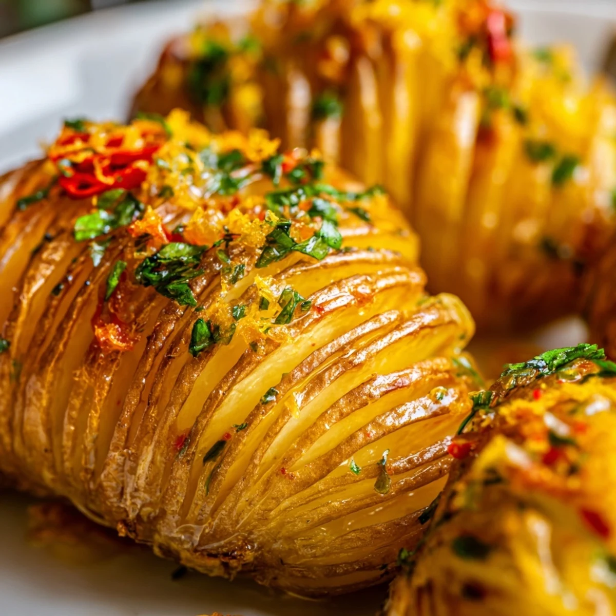 Sliced Yukon Gold potatoes fanned open, basted with spicy orange and herb butter on a parchment-lined tray.