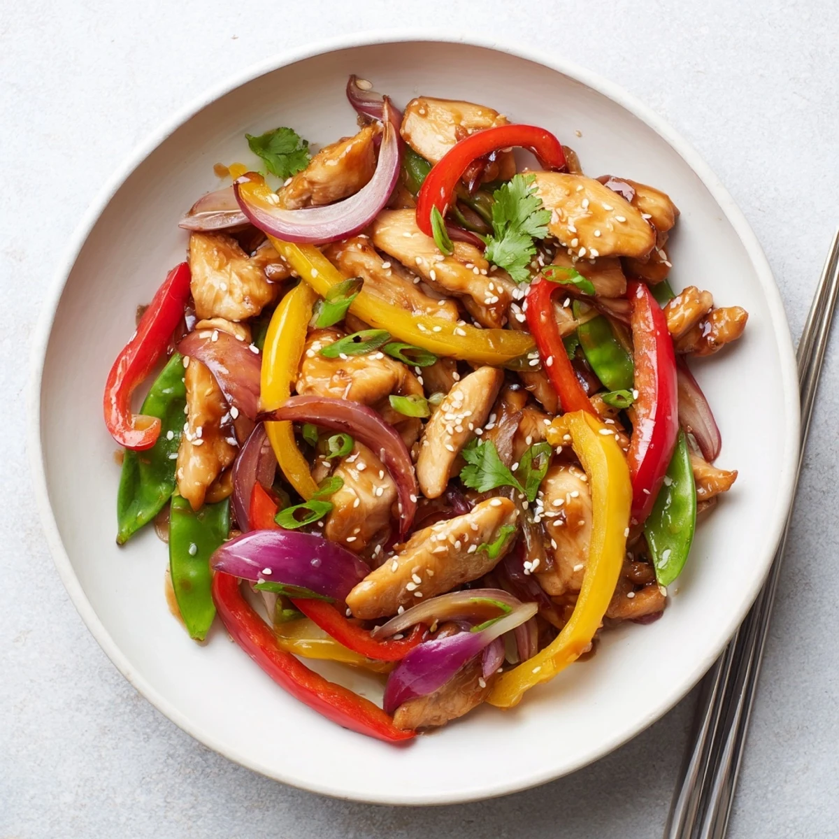 A close-up of Quick Sweet Chilli Chicken Stir Fry featuring juicy chicken and crisp vegetables coated in sauce.