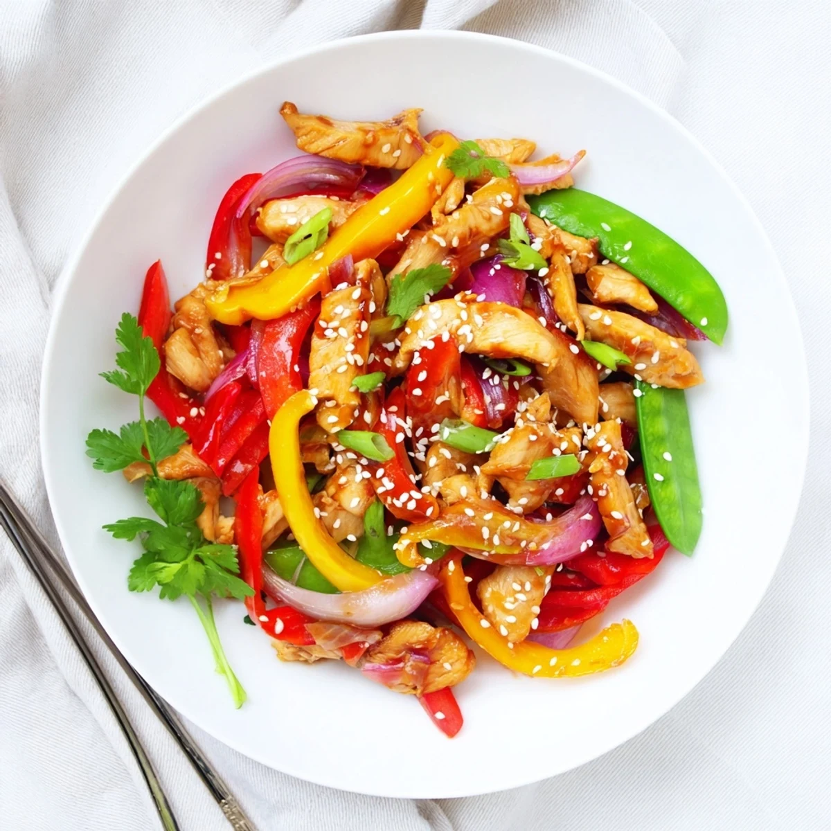 Quick Sweet Chilli Chicken Stir Fry served over fluffy jasmine rice with chopsticks ready to eat.