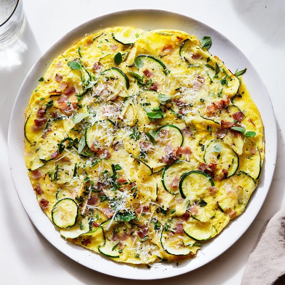 Savory Zucchini Herb and Pancetta Frittata cooling on a wire rack, showing fluffy eggs and crisp pancetta bits.