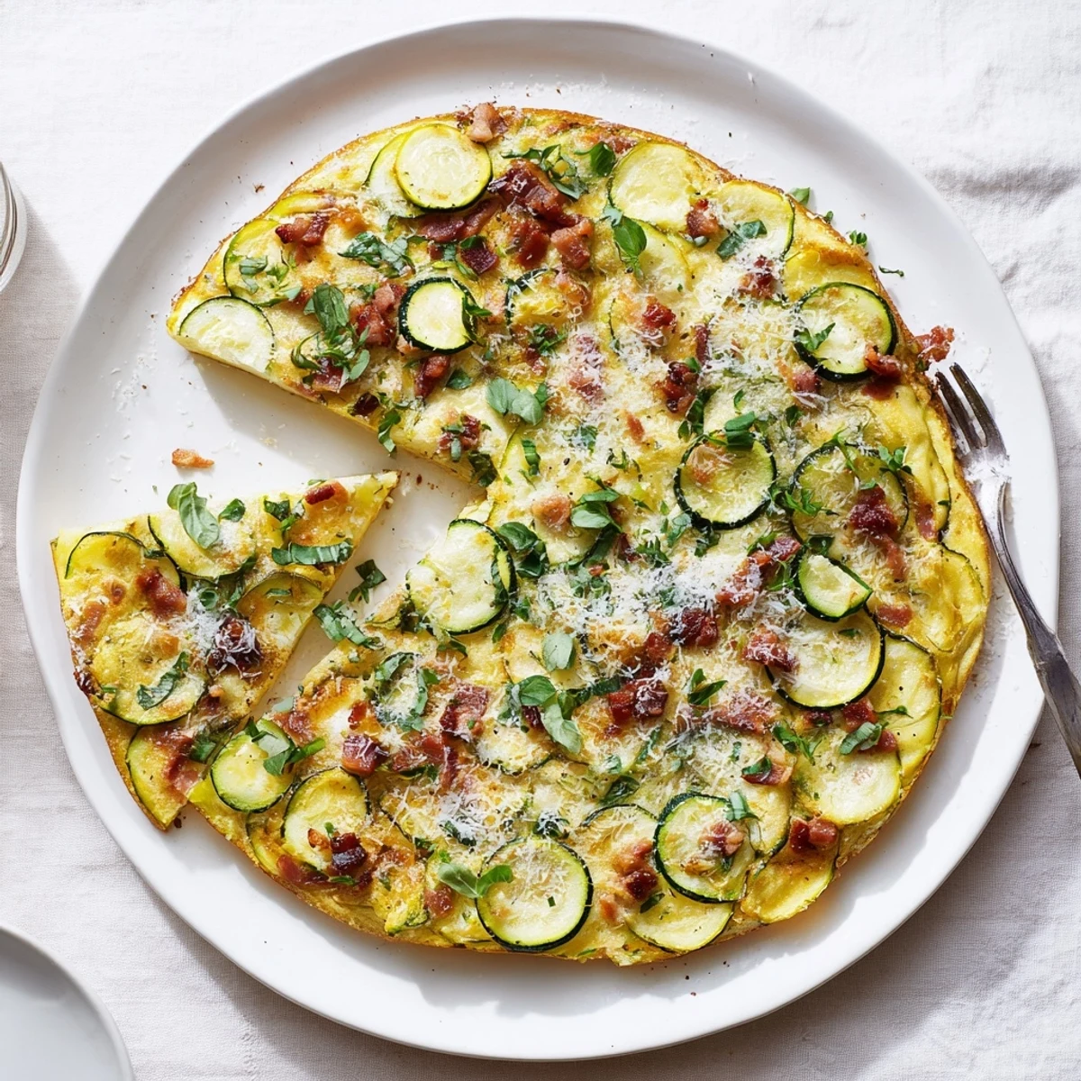 Freshly baked Zucchini Herb and Pancetta Frittata in a cast iron skillet, garnished with vibrant basil leaves.