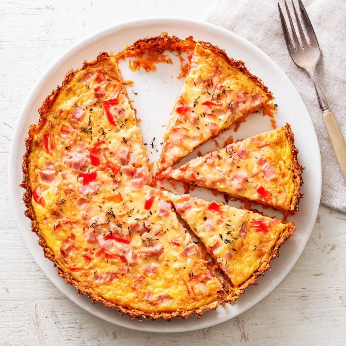 A close-up of Red Capsicum and Ham Quiche with Sweet Potato Crust reveals layers of savory ham, peppers, and fluffy egg filling inside a gluten-free crust.