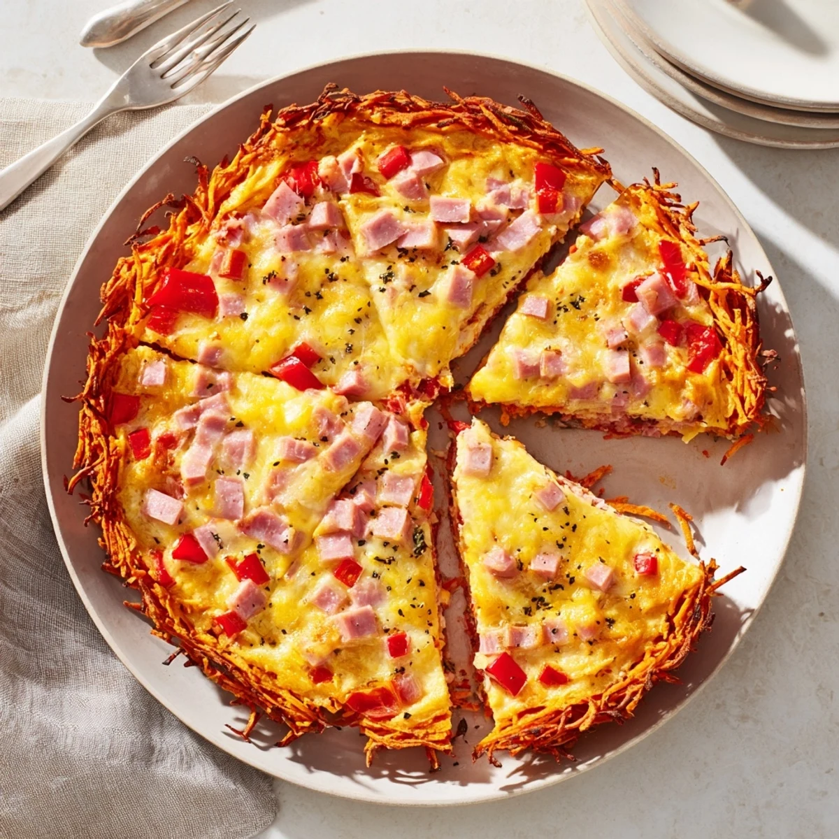 Golden slices of Red Capsicum and Ham Quiche with Sweet Potato Crust rest on a rustic wooden table, showcasing the vibrant orange crust and melted cheese.