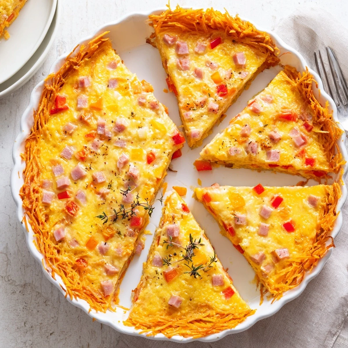 A freshly baked Red Capsicum and Ham Quiche with Sweet Potato Crust sits beside a green salad and white wine, perfect for a light brunch.