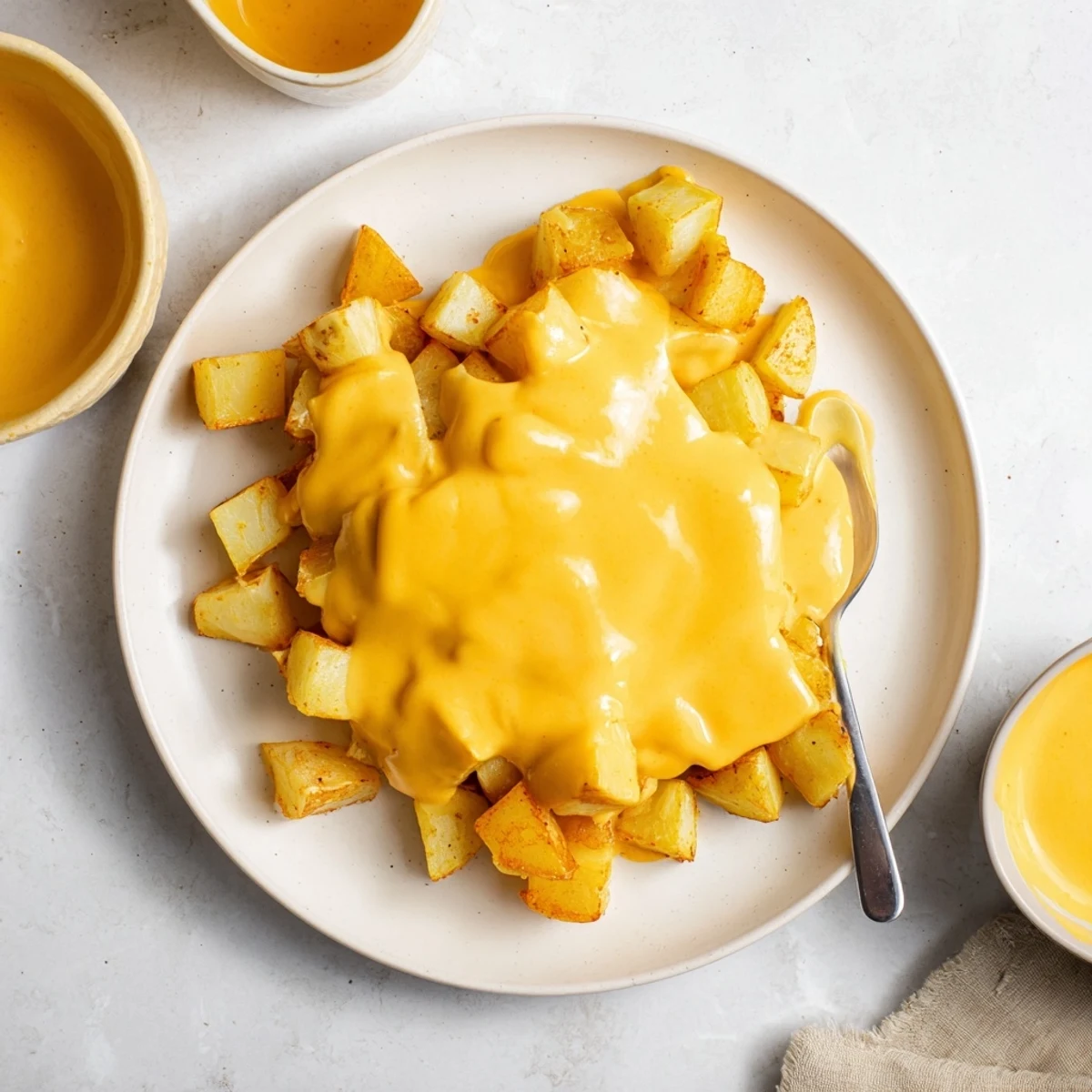 A smooth, steaming bowl of Snappy Cheddar Sauce being drizzled over a plate of crispy roasted broccoli.
