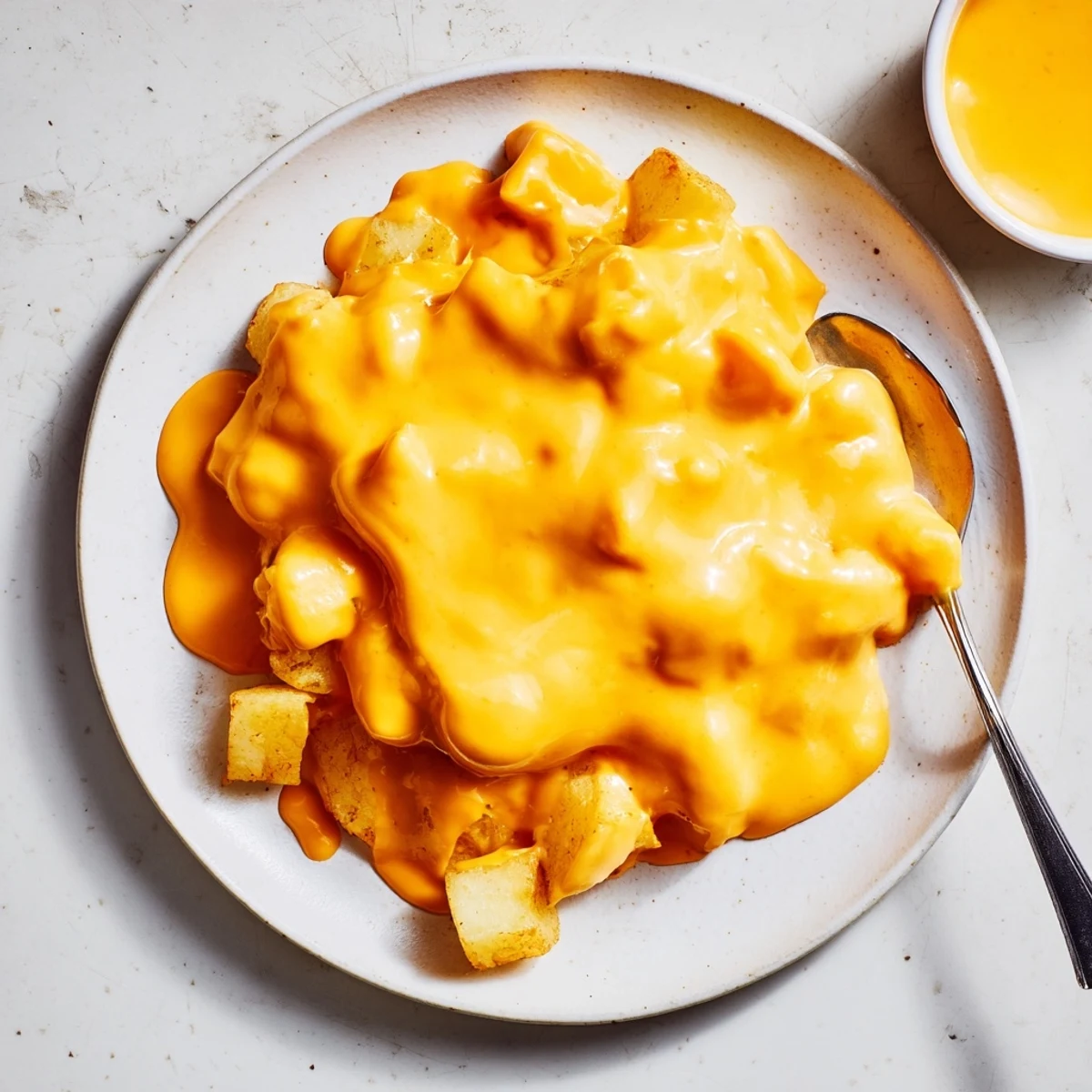Cheesy and tangy Snappy Cheddar Sauce in a saucepan, ready to serve over steamed vegetables or nachos.