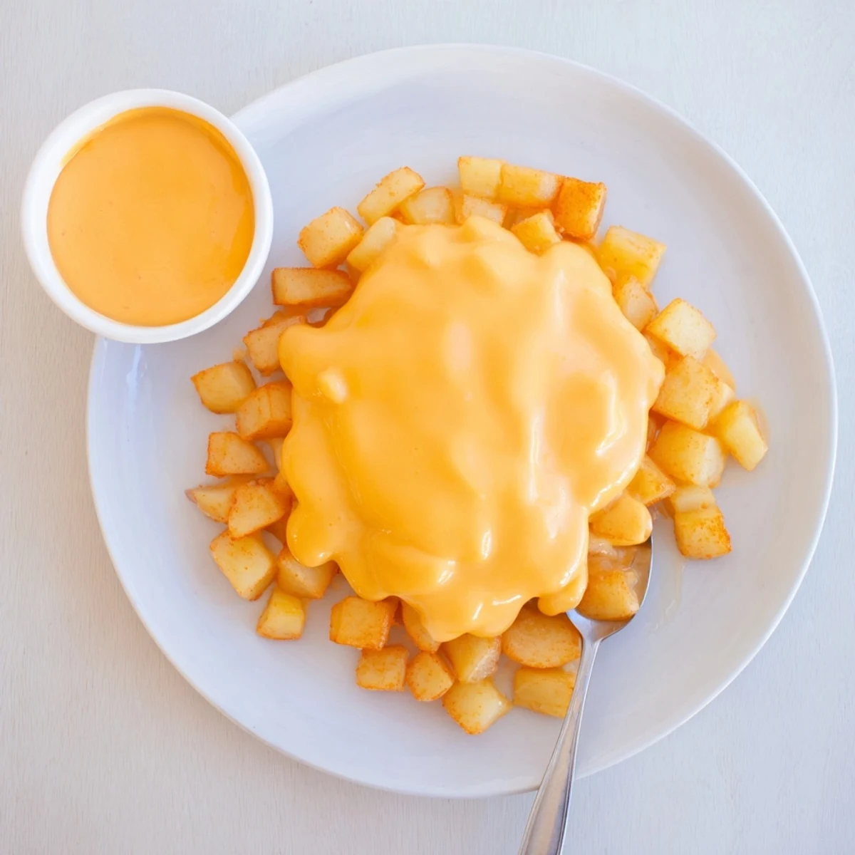 A close-up of a creamy, vibrant Snappy Cheddar Sauce garnished with fresh chives, perfect for dipping or topping.