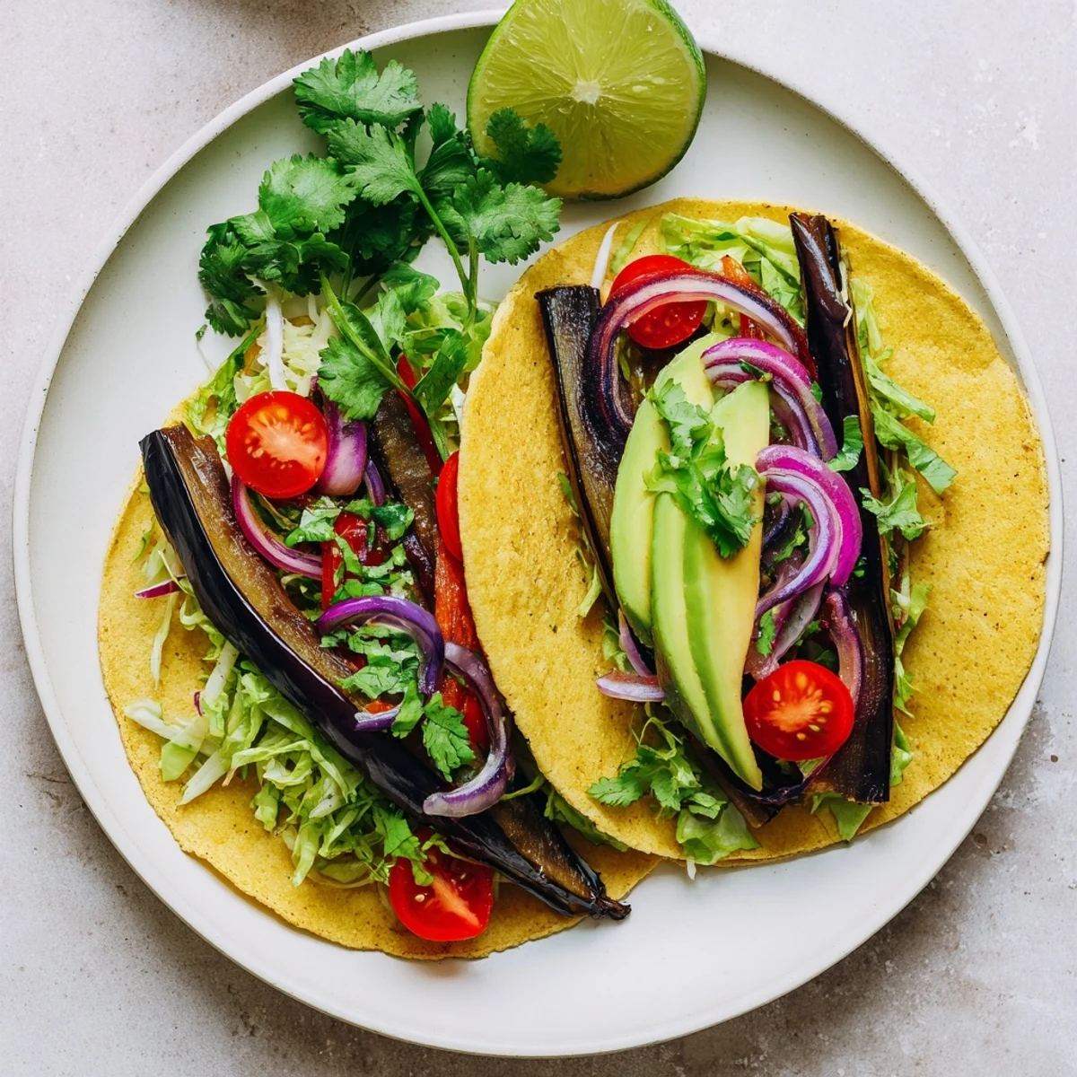 Charred Eggplant Tacos served warm with smoky grilled eggplant, crisp lettuce, and fresh cilantro garnish on corn tortillas.