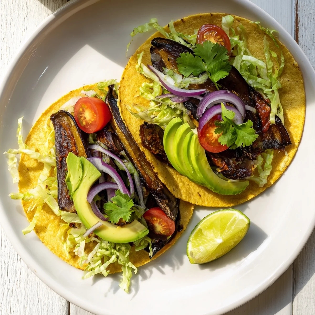 A close view of Charred Eggplant Tacos topped with sliced avocado, cherry tomatoes, and lime wedges for a zesty finish.