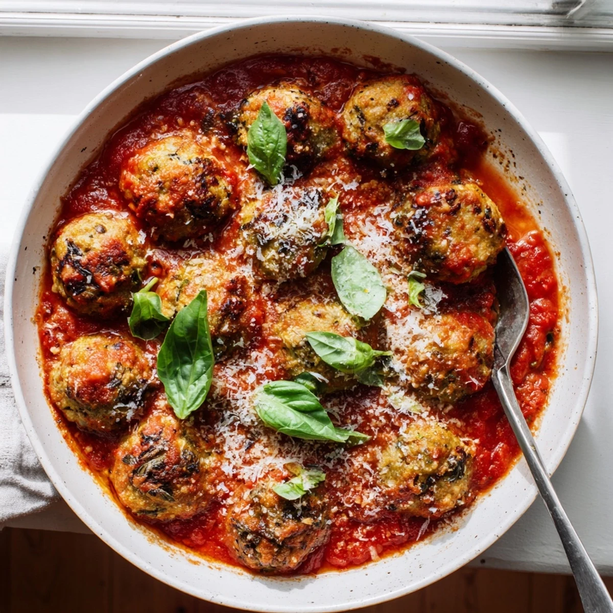 Freshly baked Ricotta and Mushroom Meatballs simmer in a rich, bubbling tomato sauce in a skillet.