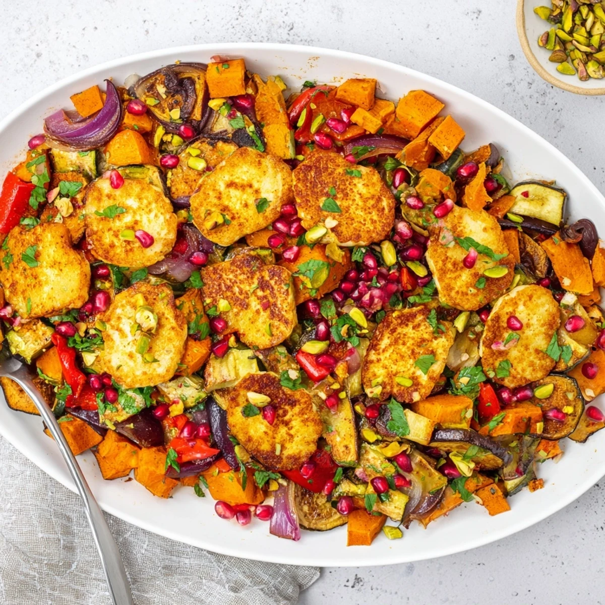 Golden slices of Jewelled Haloumi With Spiced Vegetable Bake topped with ruby pomegranate seeds and fresh mint on a bed of roasted vegetables.