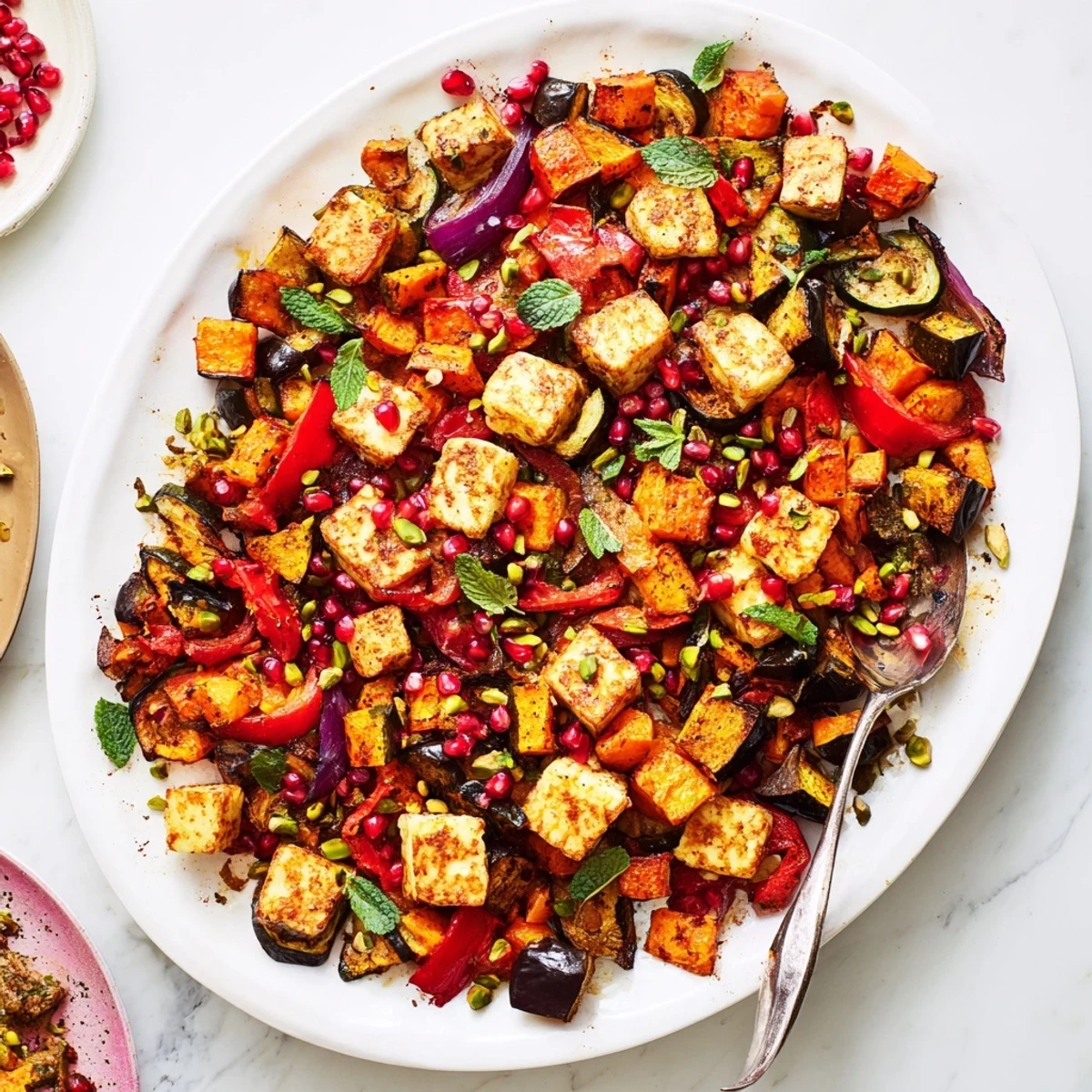 Fresh parsley and pistachios garnish the Jewelled Haloumi With Spiced Vegetable Bake, served warm on a rustic platter in U.S. kitchens.