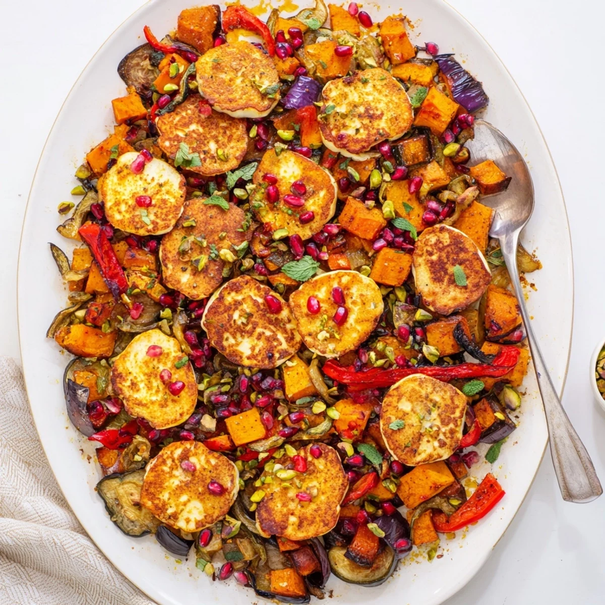 The Jewelled Haloumi With Spiced Vegetable Bake features golden cheese and caramelized vegetables, ready to be enjoyed with a dollop of Greek yogurt.