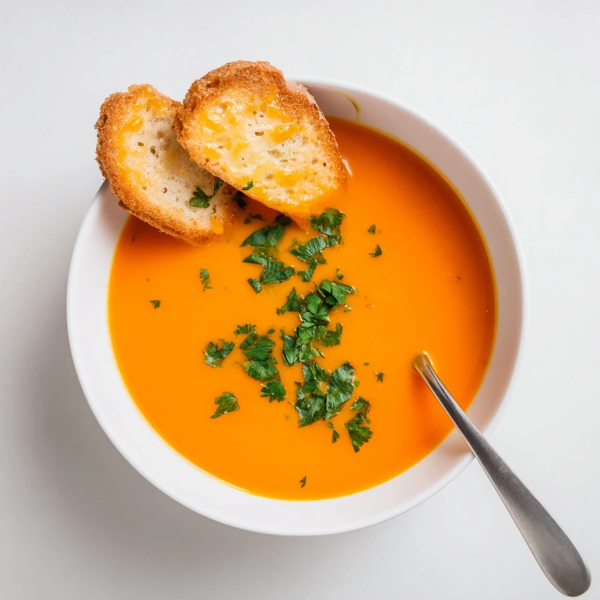 Creamy carrot and coriander soup with melted cheese toasts, garnished with fresh green herbs on a wooden table.