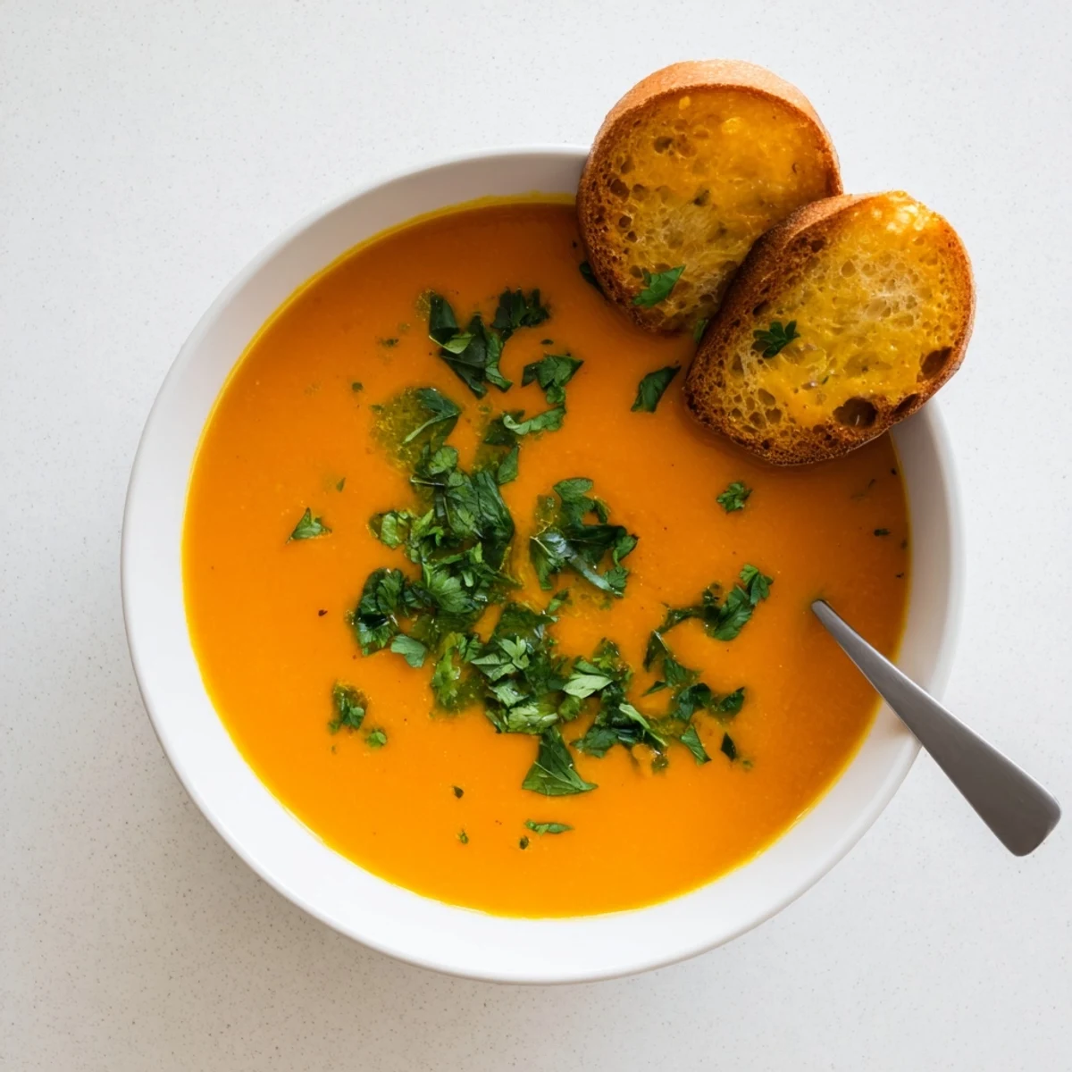 Bright orange creamy carrot and coriander soup in a rustic bowl next to golden, crispy Parmesan toasts ready to dip.