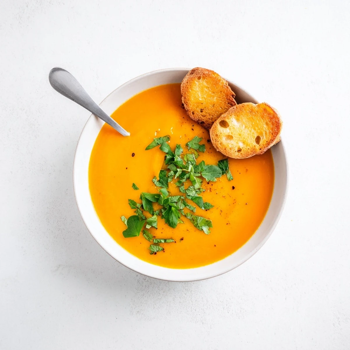 A comforting bowl of creamy carrot and coriander soup served with crunchy Parmesan toasts, perfect for a cozy meal.