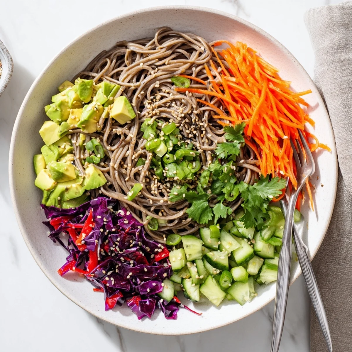 A chilled serving of sesame avocado and soba noodle salad garnished with green onions and sesame seeds on a wooden table.